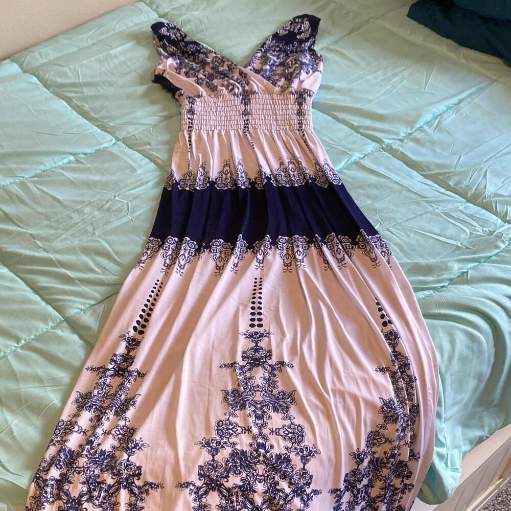 Blue and White Summer Maxi Dress (Size 8)